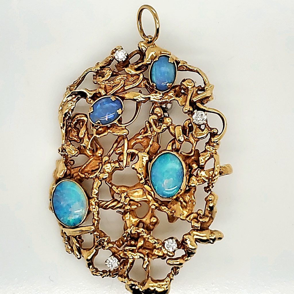 Vintage Mid-Century 14kt Yellow Gold Opal and Diamond Pendant/Brooch
