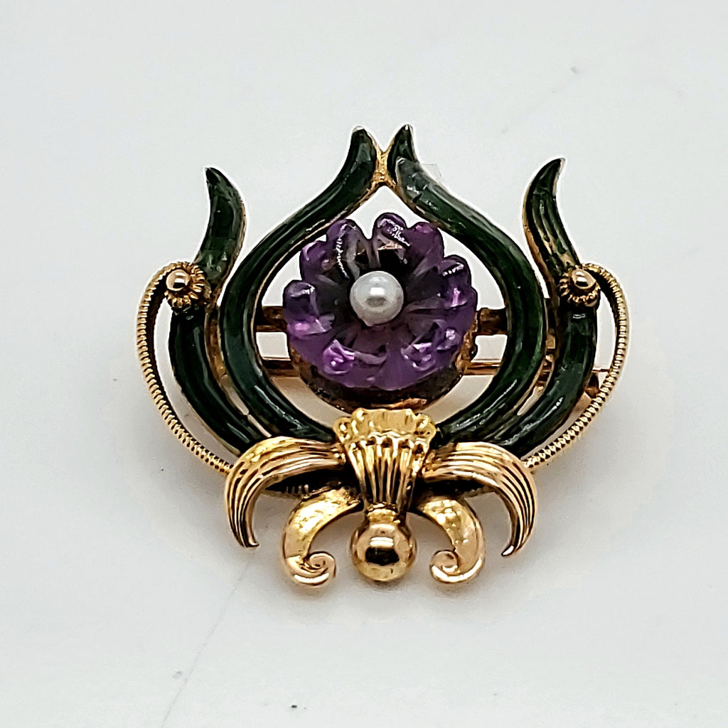 Art Nouveau 18kt Yellow Gold Amethyst Pearl and Enamel Brooch