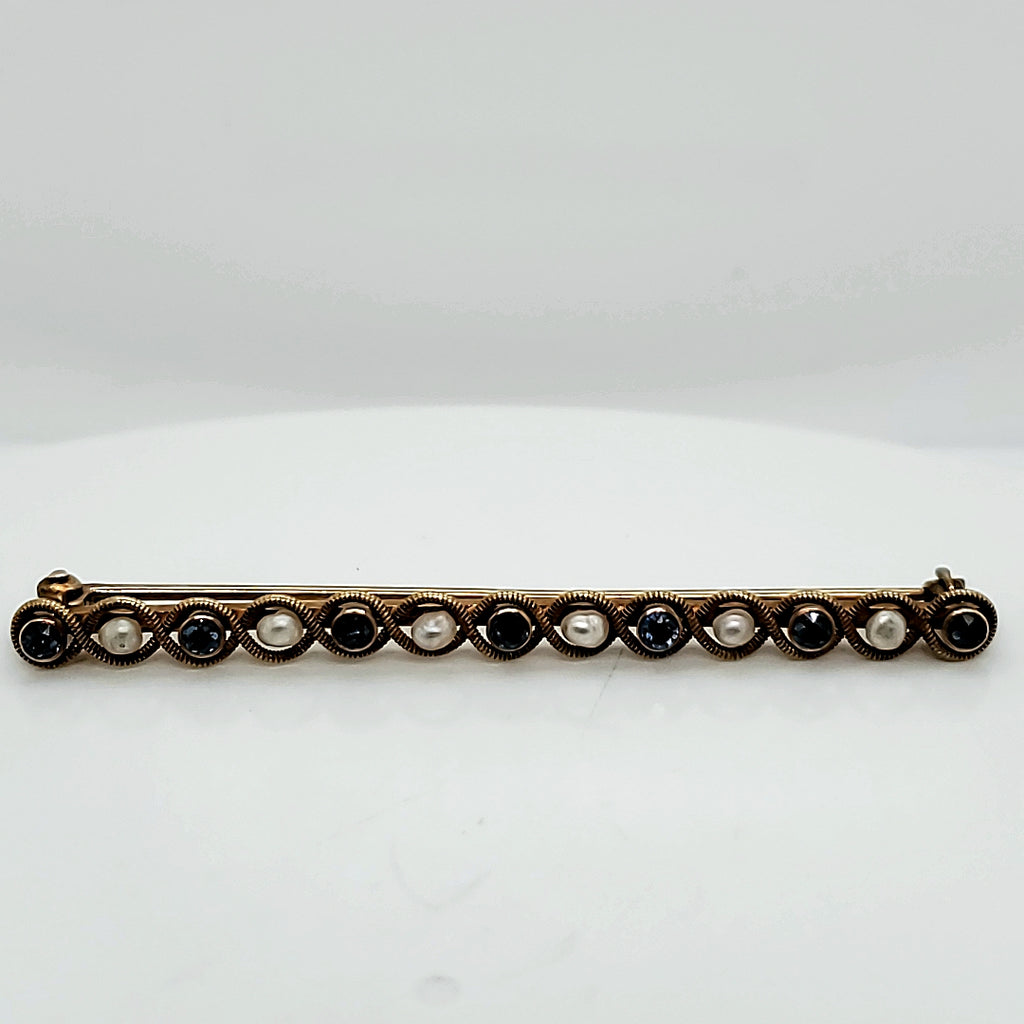 Antique Victorian 14Kt Yellow Gold Sapphire And Pearl Bar Pin