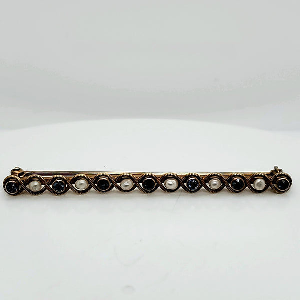 Antique Victorian 14Kt Yellow Gold Sapphire And Pearl Bar Pin