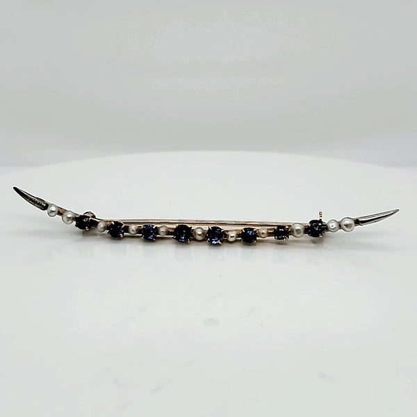 Antique Victorian 14Kt Yellow Gold Sapphire And Pearl Bar Pin