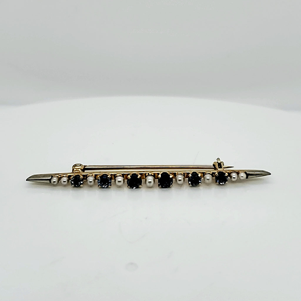 Antique Victorian 14Kt Yellow Gold Sapphire And Pearl Bar Pin