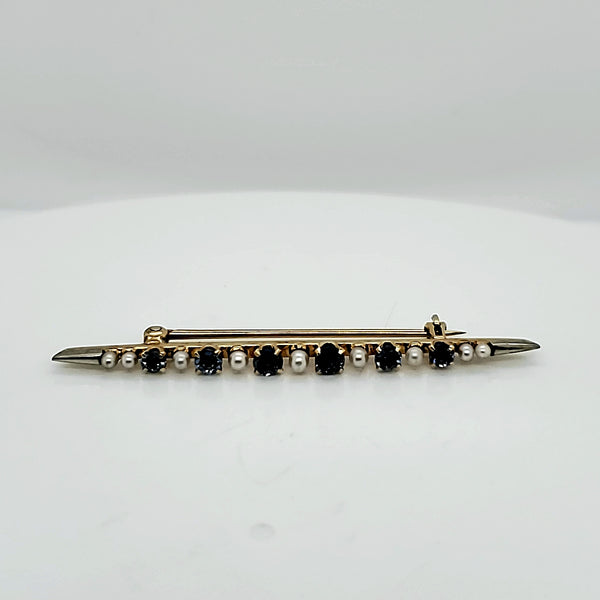 Antique Victorian 14Kt Yellow Gold Sapphire And Pearl Bar Pin