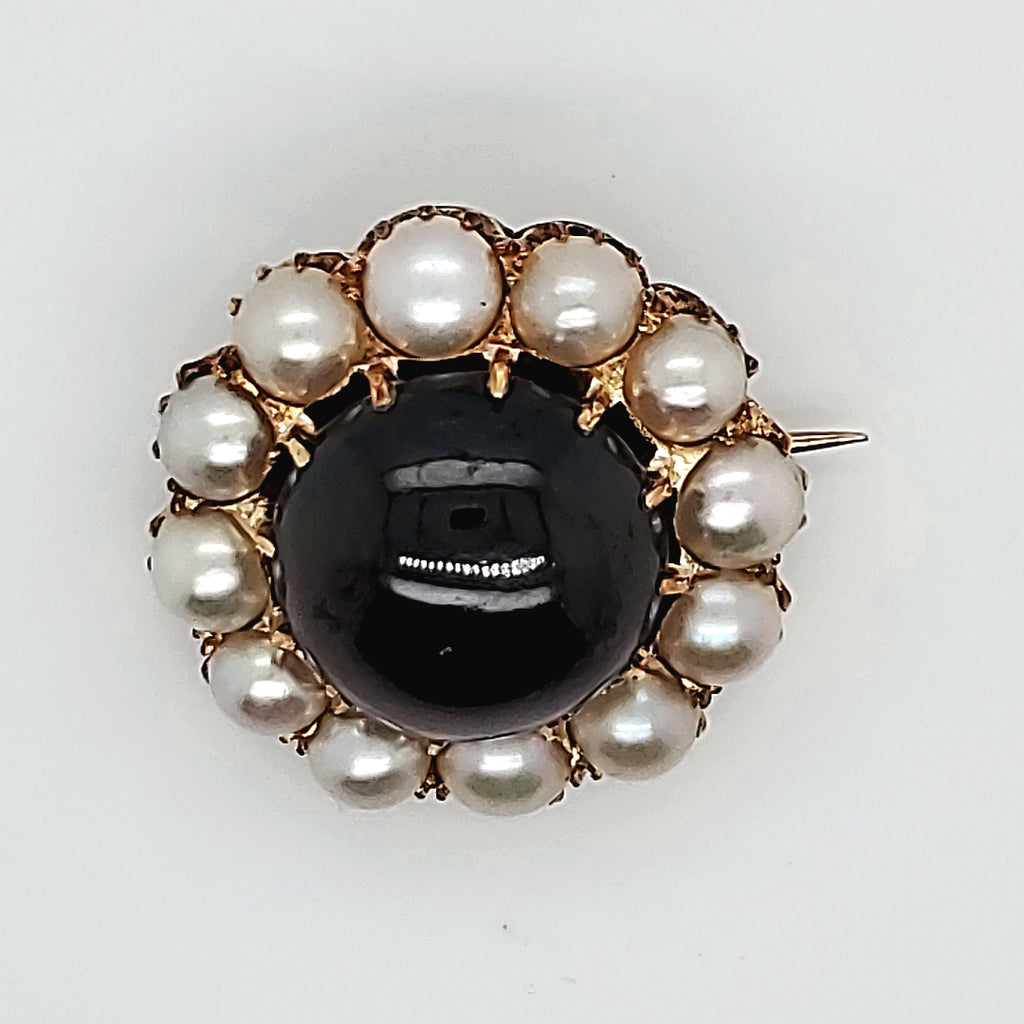 Antique Victorian 14kt Yellow Gold Garnet and Pearl Brooch