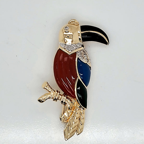 Vintage 14kt Yellow Gold Diamond and Gemstone Toucan Brooch