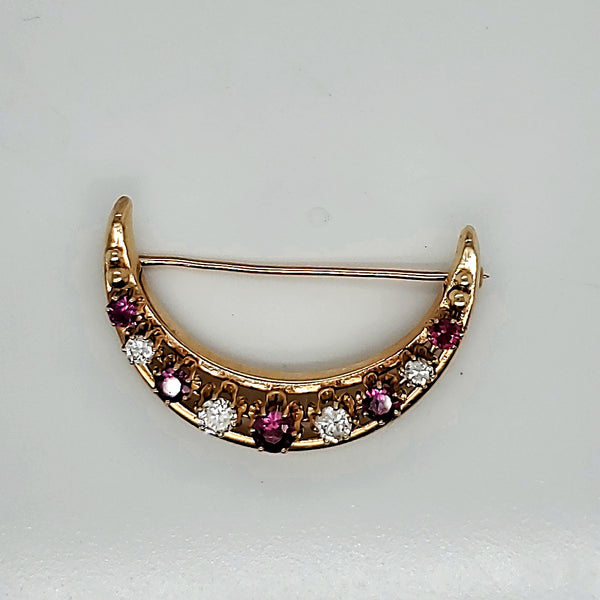 Vintage 14kt Yellow Gold Diamond and Ruby Crescent Brooch
