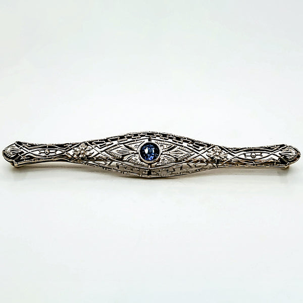 Art Deco Filigree Platinum on Yellow Gold Sapphire Brooch