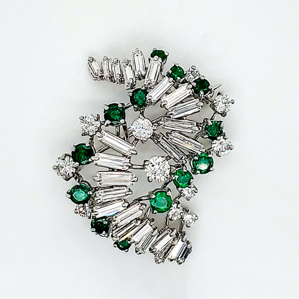 1950S Retro Platinum Diamond And Emerald Brooch