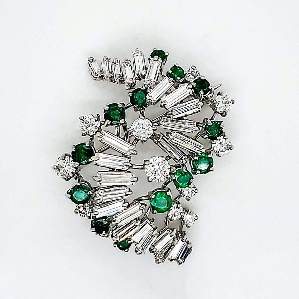 1950S Retro Platinum Diamond And Emerald Brooch