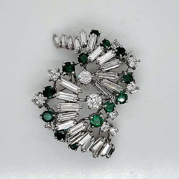 1950S Retro Platinum Diamond And Emerald Brooch