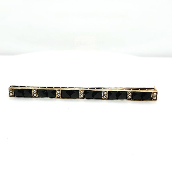 Vintage 14kt Yellow Gold Onyx and Pearl Bar Pin