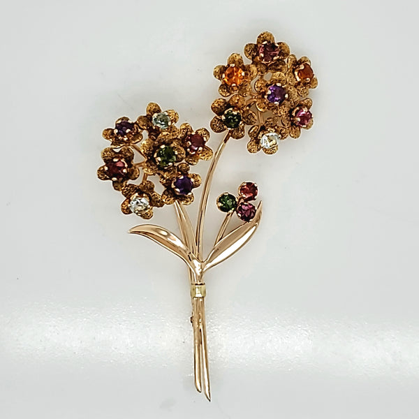 Vintage 18kt YellowGold Floral Gemstone Brooch