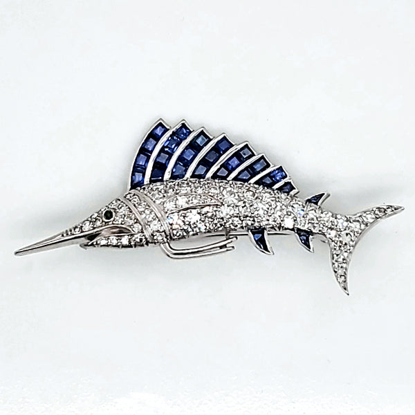 Vintage Platinum Diamond and Sapphire Sailfish Brooch