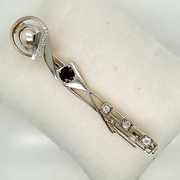 Art Deco Platinum on 14kt Yellow Gold Ruby P{earl and Diamond Elongated Brooch