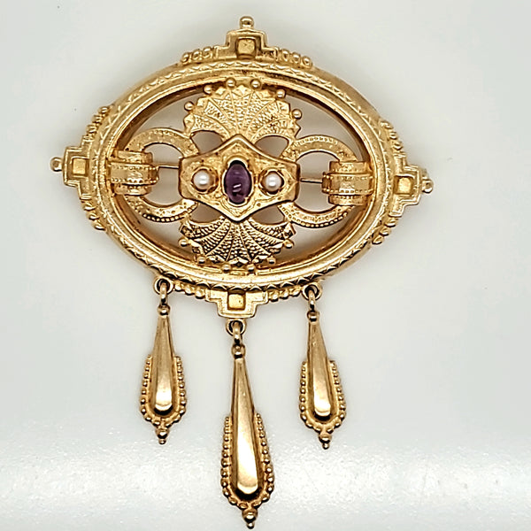 Victorian Style 14kt Yellow Gold Brooch/Pendant With Amethyst and Pearls