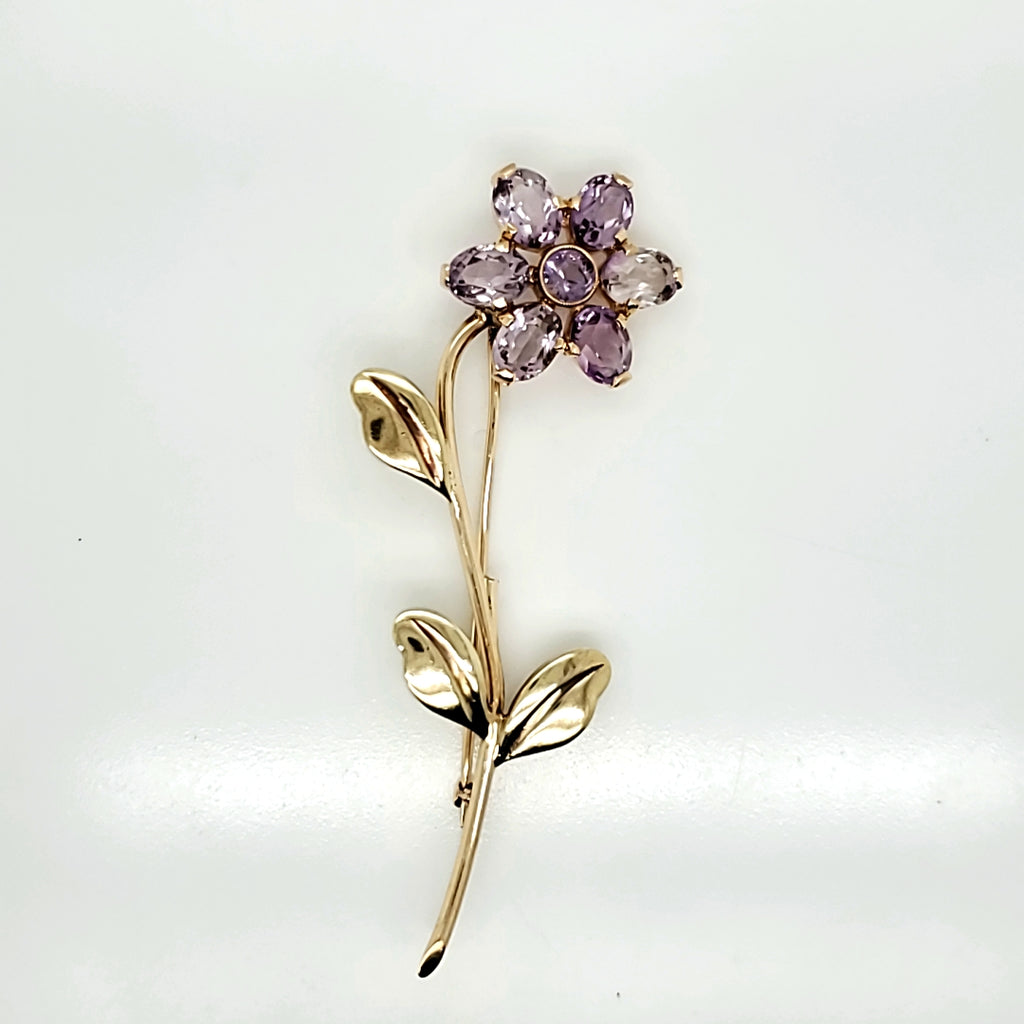 Vintage 14kt yellow and Green Gold Amethyst Flower Brooch