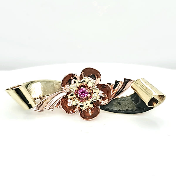 1940s Retro 14kt Green and Rose Gold Ruby Floral Brooch