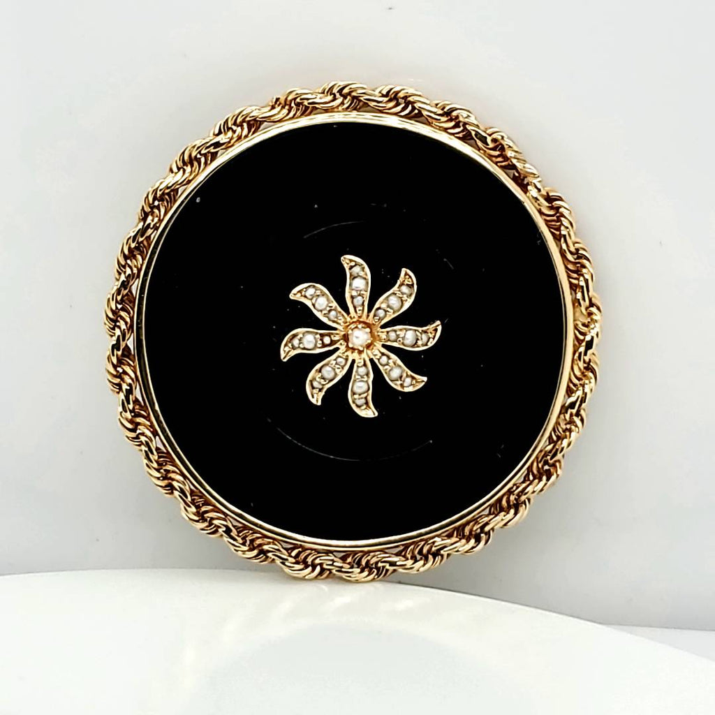 Vintage Mid-Century 14kt Yellow Gold Onyx and Pearl Brooch
