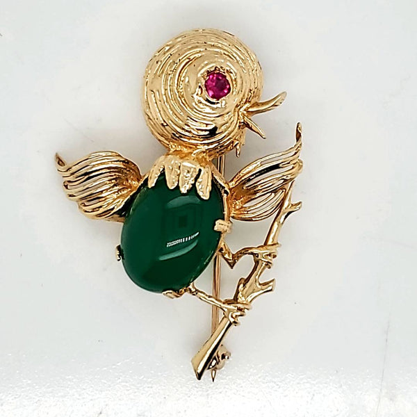 Vintage 14kt Yellow Gold Green Garnet and Ruby Bird Brooch