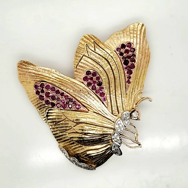 Vintage 14kt Yellow Gold Ruby and Diamond Butterfly Brooch/Pendant