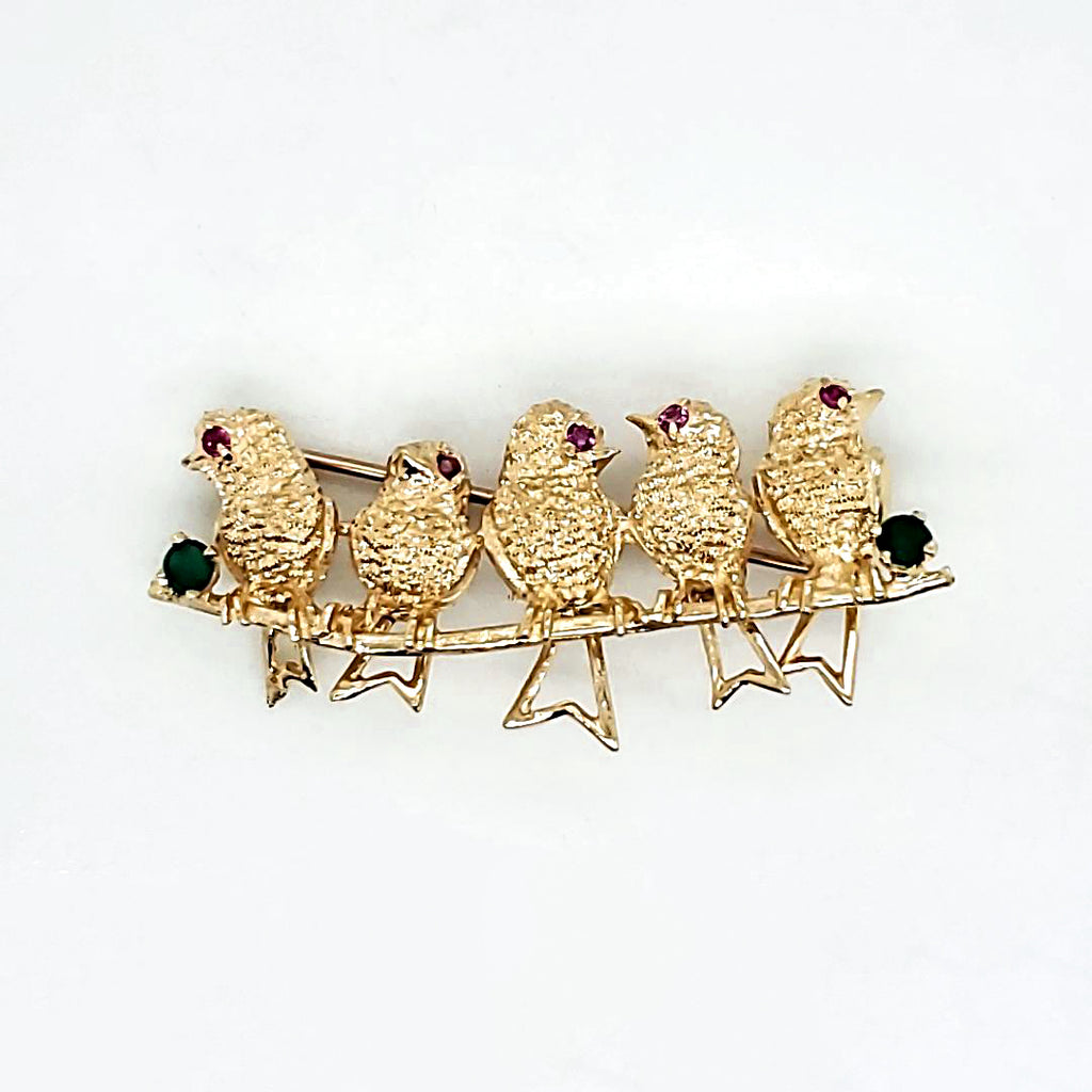 Vintage 14kt Yellow Gold Song Bird Brooch With Gemstones