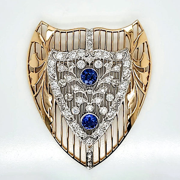 Antique Edwardian Belle Epoch 14kt Yellow Gold and Platinum Sapphire and Diamond Brooch/Pendant