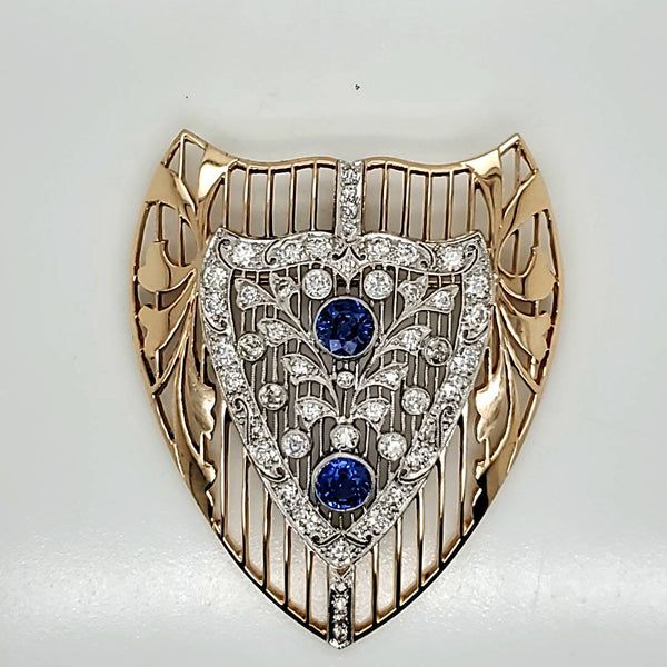 Antique Edwardian Belle Epoch 14kt Yellow Gold and Platinum Sapphire and Diamond Brooch/Pendant