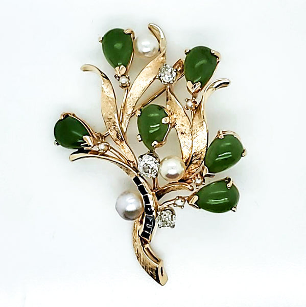 Vintage 14kt Yellow Gold Jade Diamond Pearl and Sapphire Brooch