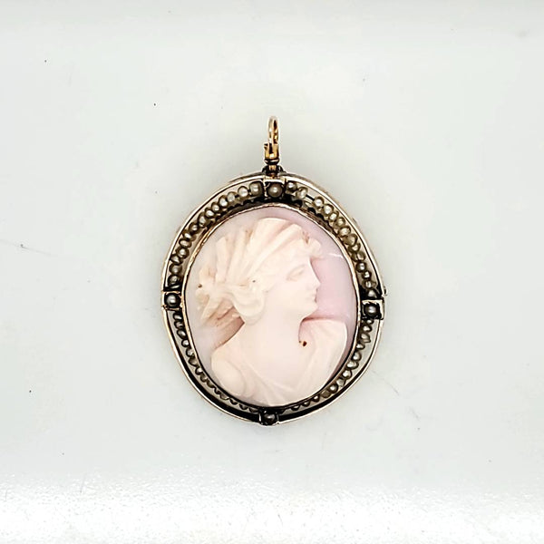 Antique Victorian 10Ktyg Carved Shell Angel Skin Cameo Brooch and Pendant With Pearls