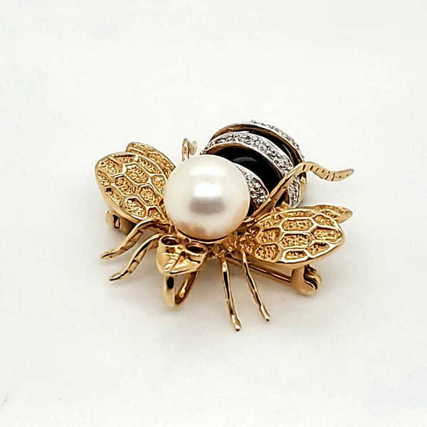 14Kt Yellow Gold Onyx Pearl and Diamond Bee Pin