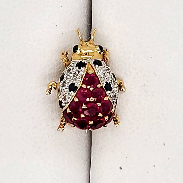 LeVian 14kt Yellow Ruby Sapphire Diamond Emerald Lady Bug Brooch