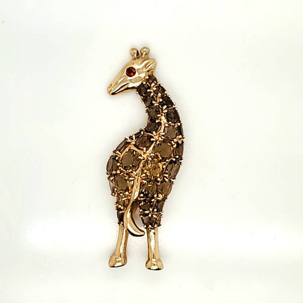 Vintage 14kt Yellow Gold Smoky Topaz and Garnet Giraffe Brooch