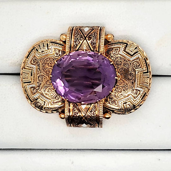 Antique Victorian 14kt Yellow Gold Amethyst Brooch