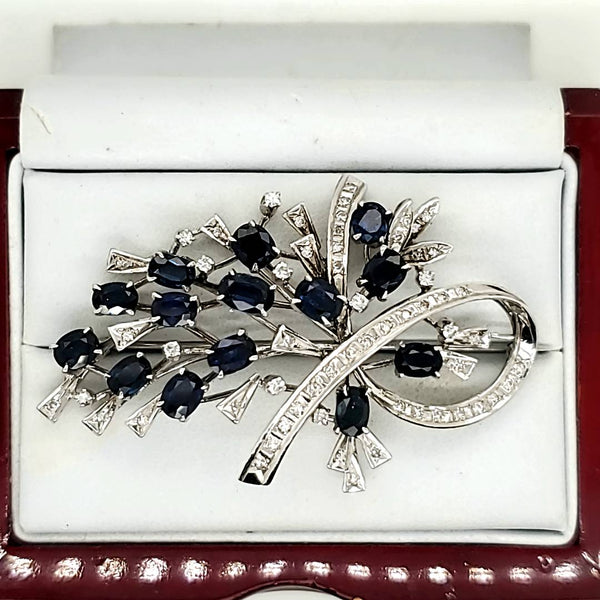 Vintage Platinum and 14kt White Gold Sapphire and Diamond Brooch