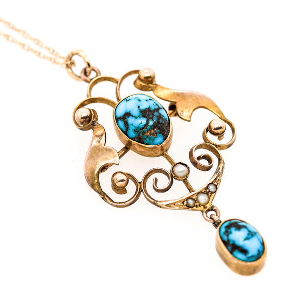 Art Nouveau 10kt Yellow Gold Turquoise and Pearl Pendant