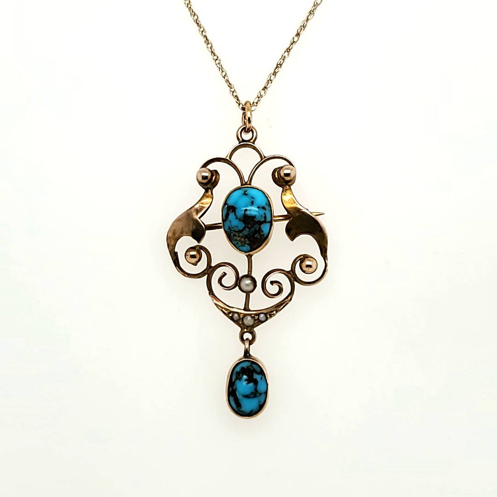 Art Nouveau 10kt Yellow Gold Turquoise and Pearl Pendant