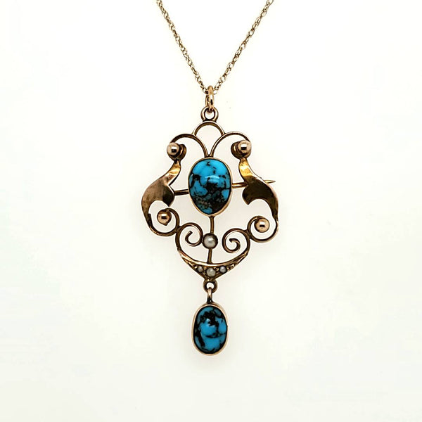 Art Nouveau 10kt Yellow Gold Turquoise and Pearl Pendant