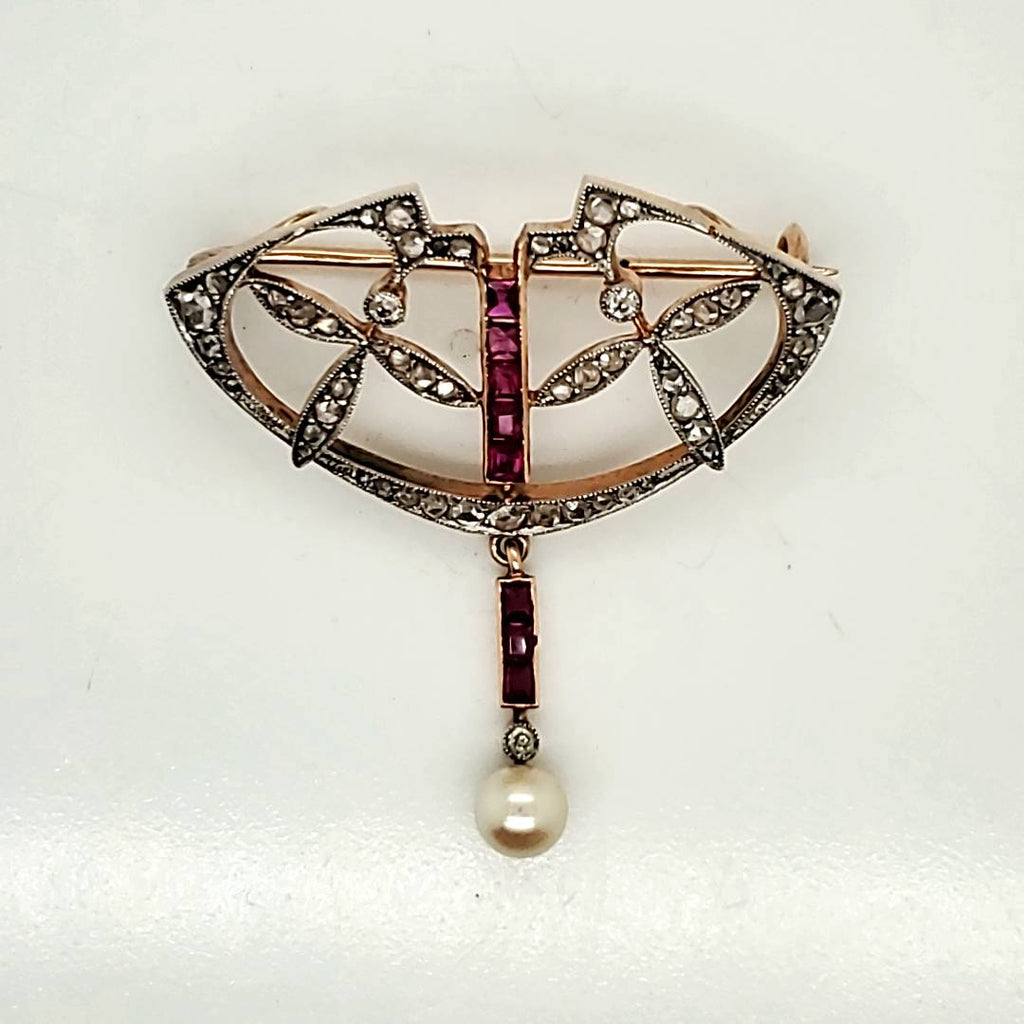 Edwardian Belle Epoch Platinum on 14kt Yellow Gold Diamond Ruby and Pearl Brooch