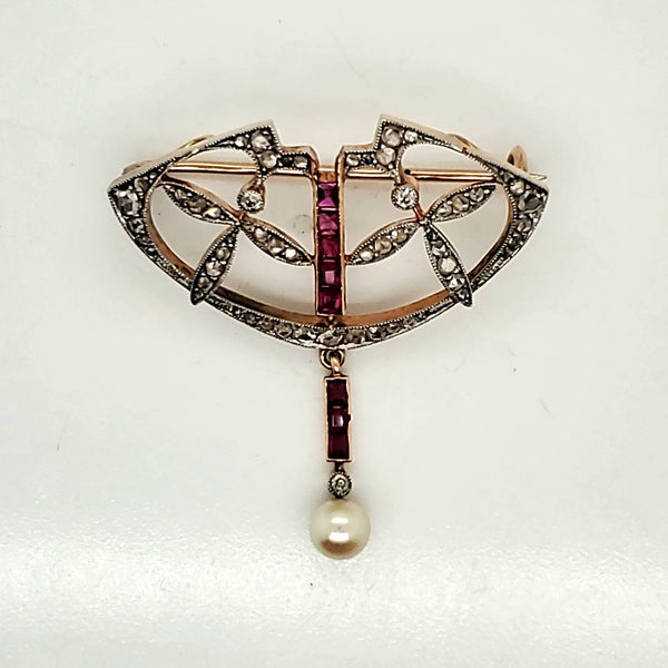 Edwardian Belle Epoch Platinum on 14kt Yellow Gold Diamond Ruby and Pearl Brooch