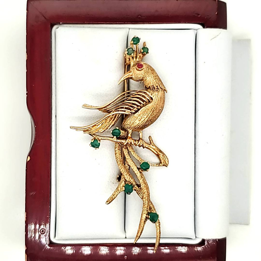 Vintage 14kt Yellow Gold Emerald and Ruby Bird of Paradise Brooch