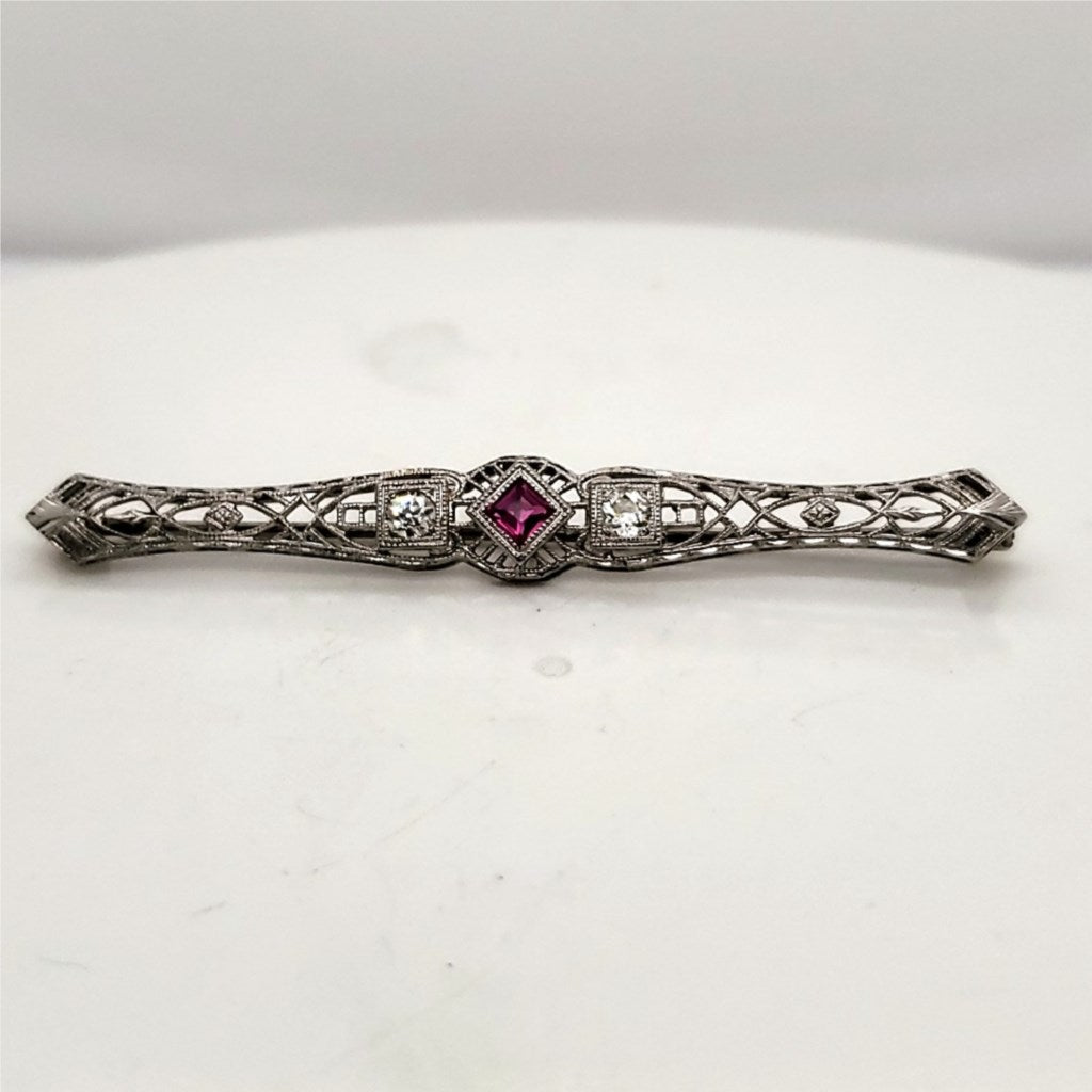 Art Deco 14kt White Gold Ruby and Diamond Filigree Brooch