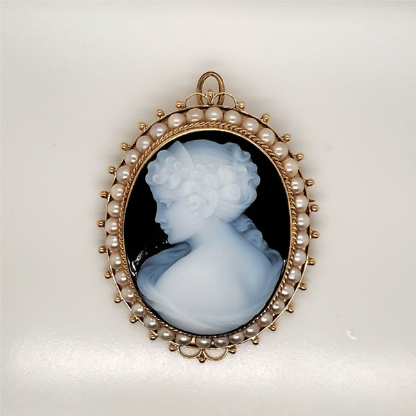 Vintage 14Kt Carved Hard Stone Cameo and Pearl Brooch Pendant