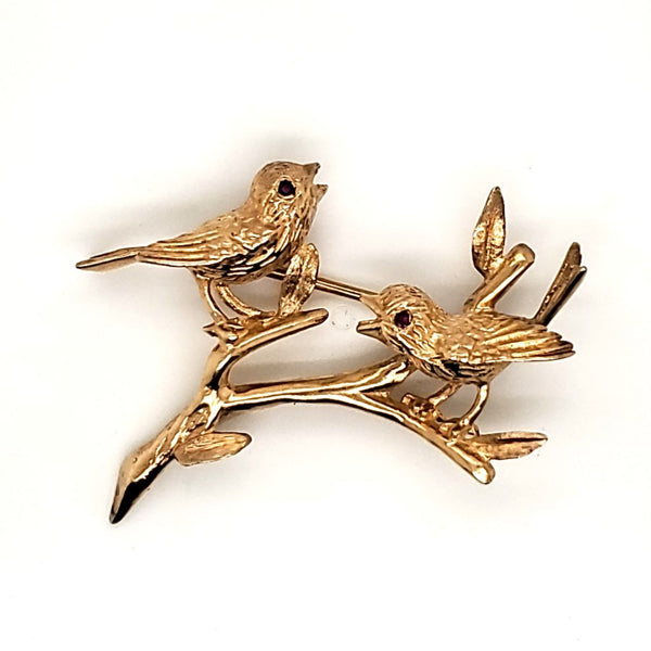 Vintage 14kt Yellow Gold Song Bird Brooch With Ruby Eyes