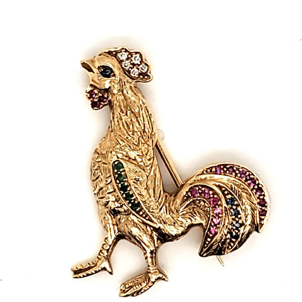 Vintage 14kt Yellow Gold and Precious Gemstone Rooster Brooch