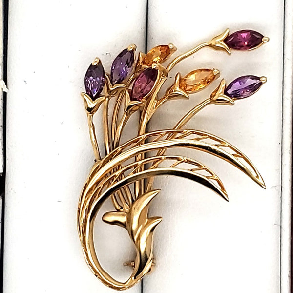 Vintage 14kt yellow gold amethyst and citrine brooch