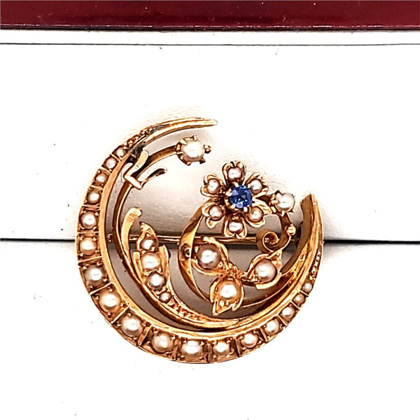 Art Nouveau 14kt Rose Gold Seed Pearl and Sapphire Brooch