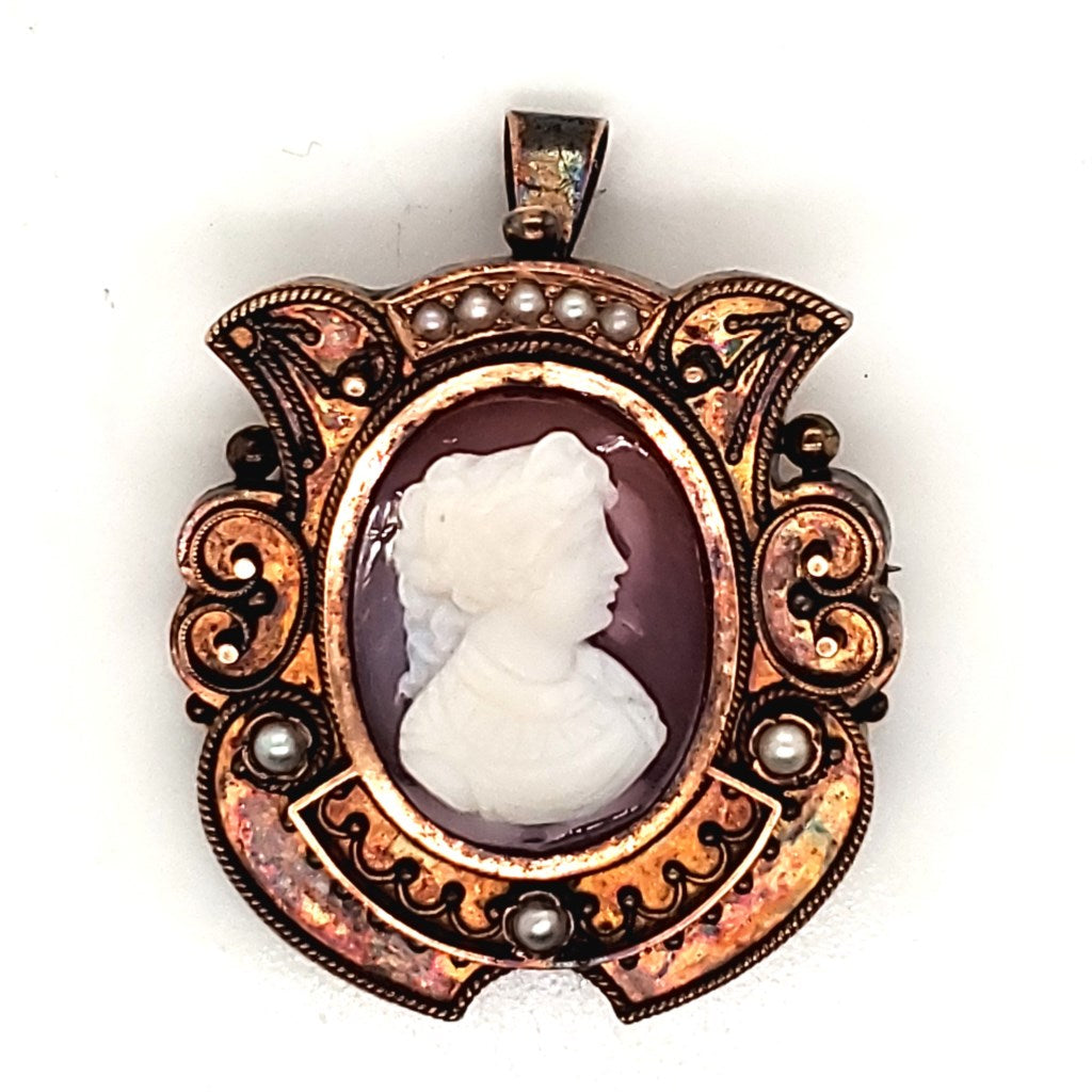 Antique Victorian Hard Stone and Pearl Cameo Brooch Pendant