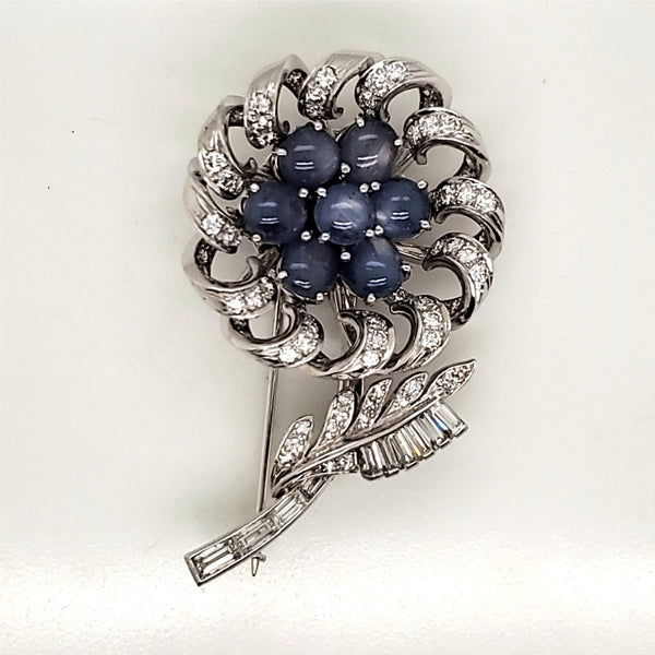 Vintage Platinum Diamond and Sapphire Flower Brooch