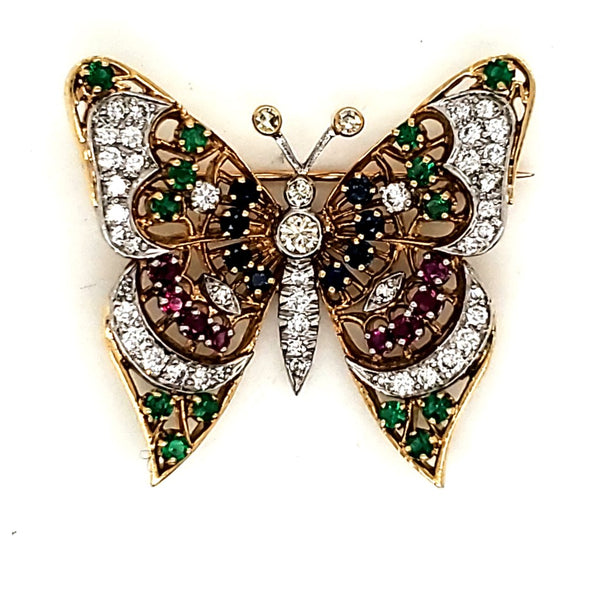 Vintage 18Kt Yellow Gold Diamond Ruby Sapphire And Emerald Butterfly Brooch