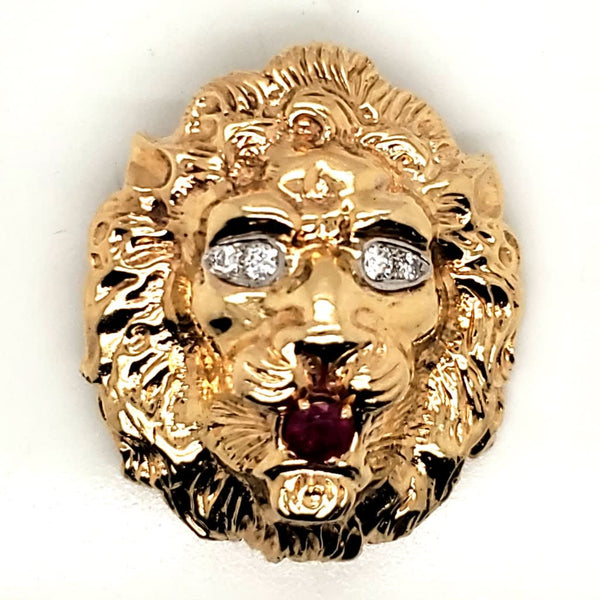 Vintage 14kt Yellow Gold Diamnd and Ruby Lion Head Pendant Brooch